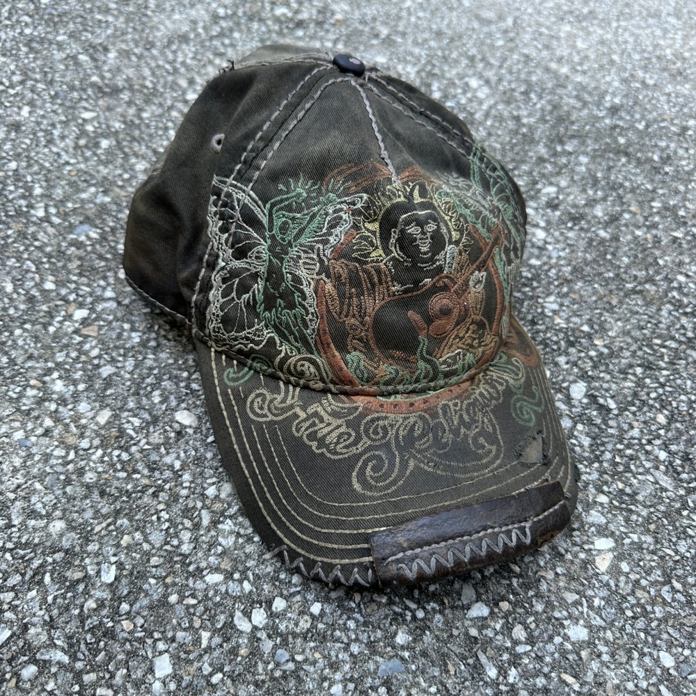 True Religion Distressed Buddha Guitar Embroidered Baseball Cap Olive Green Y2K